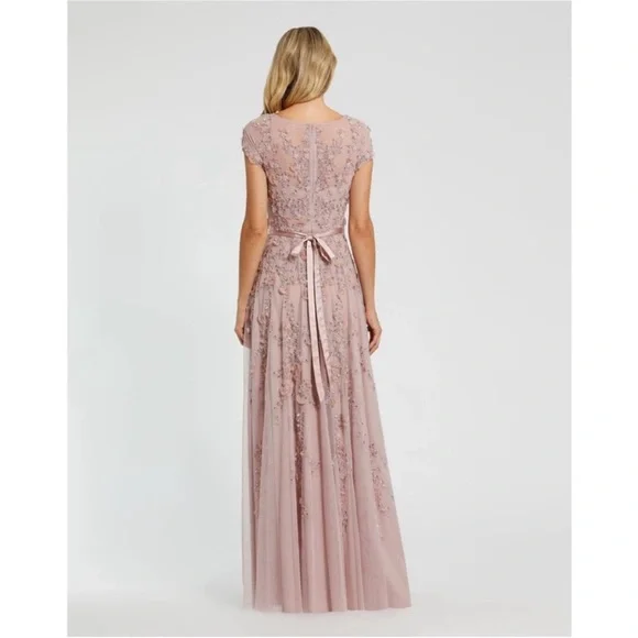 Mac Duggal 14521 Pink Floral Embellished Cap Sleeve Gown sz 12